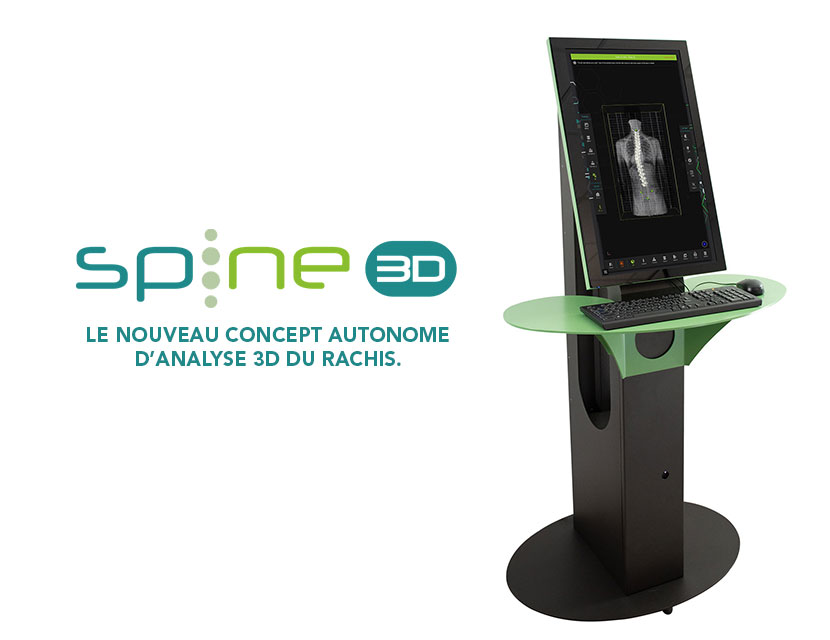 Image du spine 3D vue de 3/4 avec le logo spine 3D et l'arroche Le nouveau concept autonome d'analyse 3D du rachis